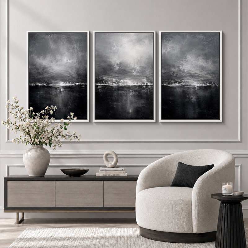 Moody noir et blanc paysage marin, photos de salon, impression sur toile encadrée, 3 pièces, 36" H x 72" W x 1.5" D