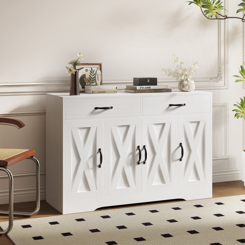 Bundrage 47.2'' Sideboard, Kitchen Island, Barn Door Storage Cabinet with Two Drawers, White