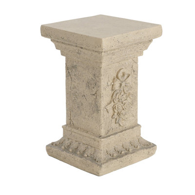 Decorative 19 Inch Magnesium Oxide Pedestal Column Plant Stand with Floral Relief for Indoor and Outdoor Display