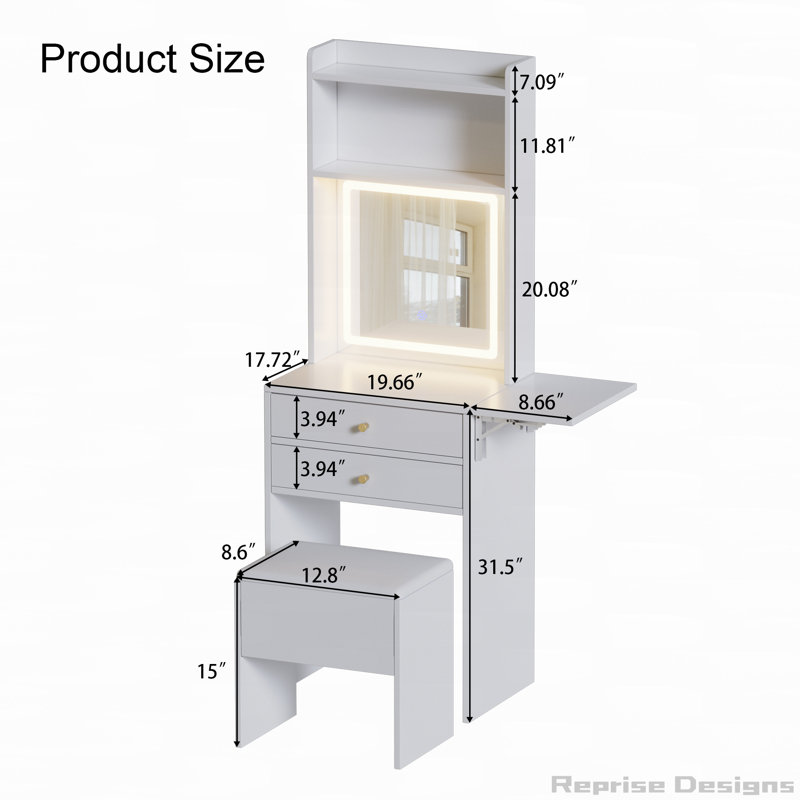 Ensemble de petite coiffeuse avec 3 miroirs lumineux réglables et chaise de rangement