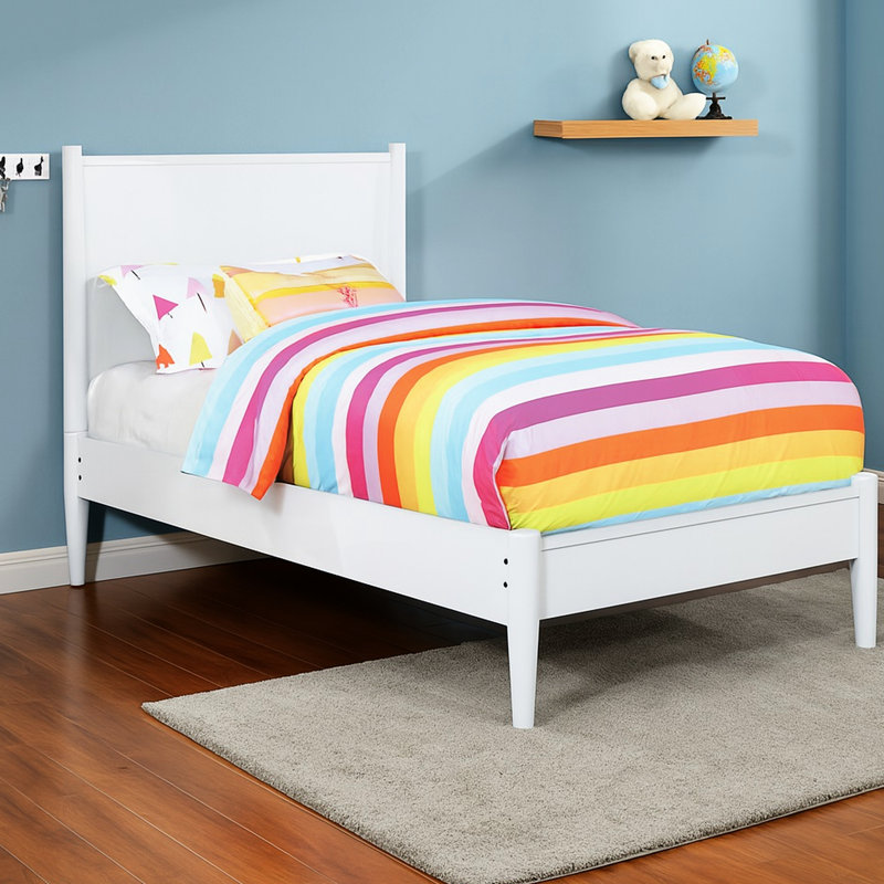 Mid-Century, Twin Size, Platform Bed, White, Solid And Engineered Wood, Tapered Legs, Slatted Base, Ventilation White Mid-Century Design, Round Slat Kit, No Box Spring Required