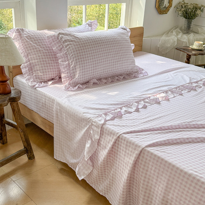 Ensemble de draps Gingham Ruffle, Vichy rose, Grand lit