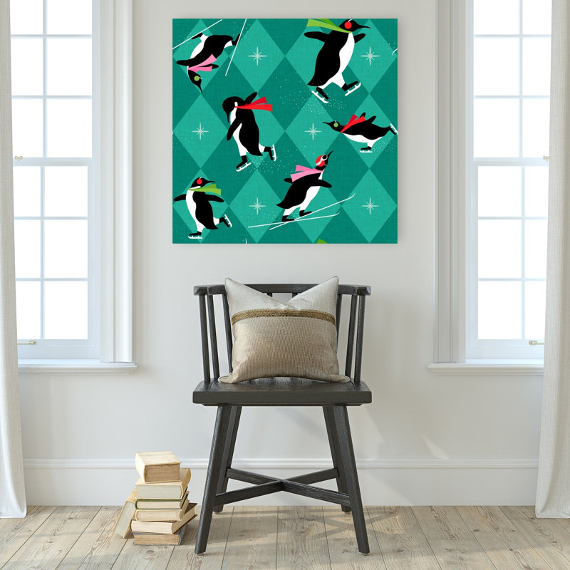 Skiing Skating Penguins Playful Retro Whimsical Bird Penguin Winter Landscape Wall Art Print by Dominique Vari - Wrapped Canvas Print