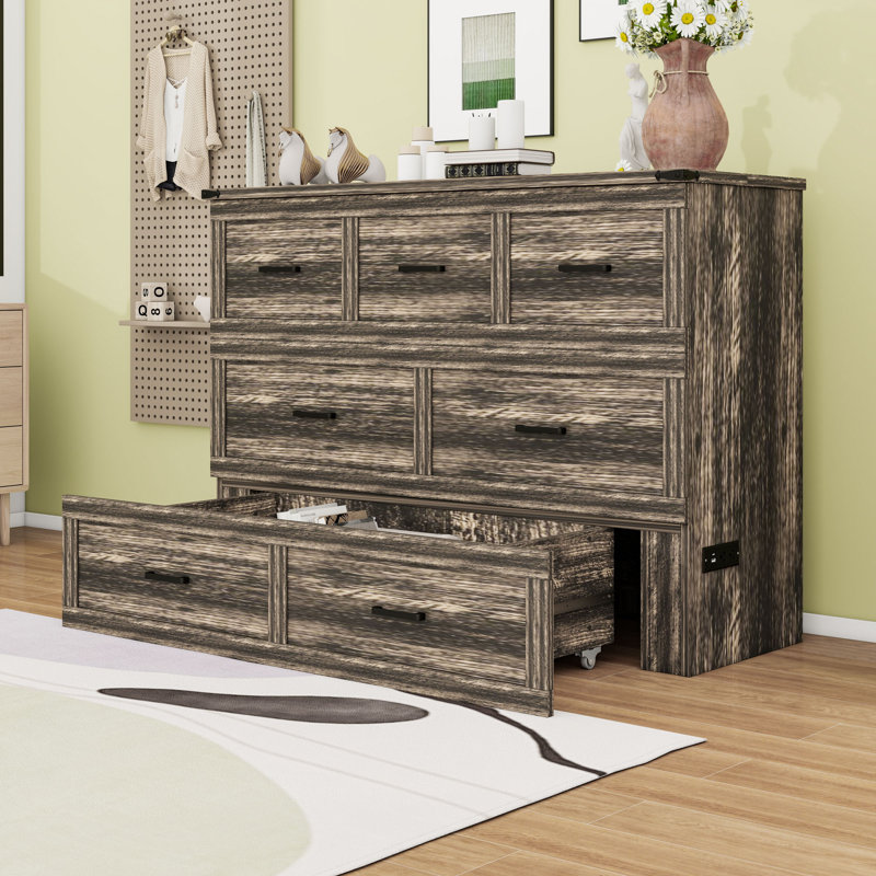Armoire lit escamotable 1 tiroir avec station de charge, Gris rustique, Double