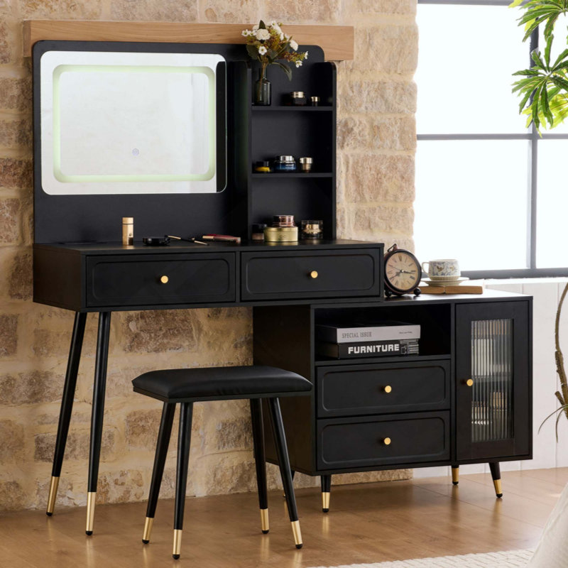 Modern Adjustable Makeup Vanity Desk with LED Mirror & Lights, Retractable Dressing Table with Storage Drawers Cabinet & Built-in Power Outlet for Bedroom