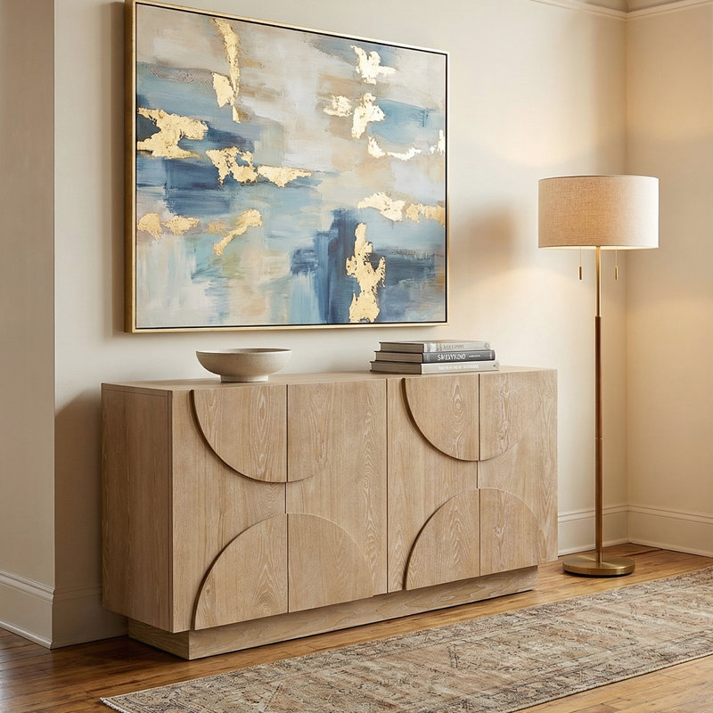 Elegant 4-Door Sideboard Cabinet With Adjustable Shelves And Semi-Circular Handles,With Natural Wood Grain Texture