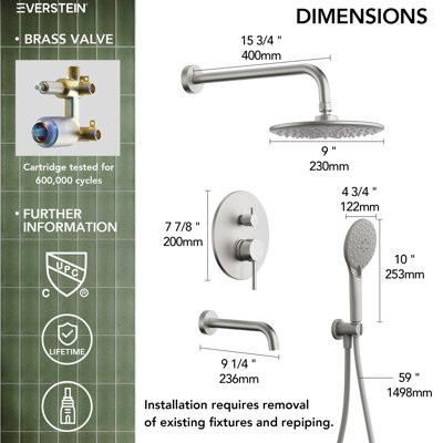 Tub and Shower Faucet Set , 9" Rainfall Shower Head with 3‑Setting Handheld Shower