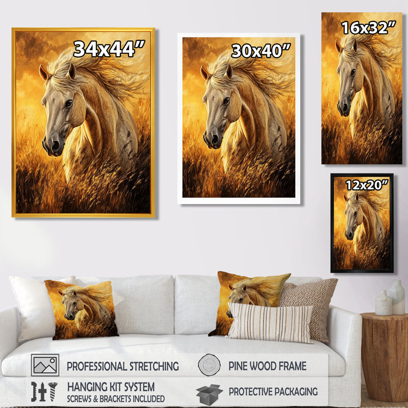 Golden Hour Golden Stallion - Tableau encadré, H 44 po x l 34 po, White Picture Framed