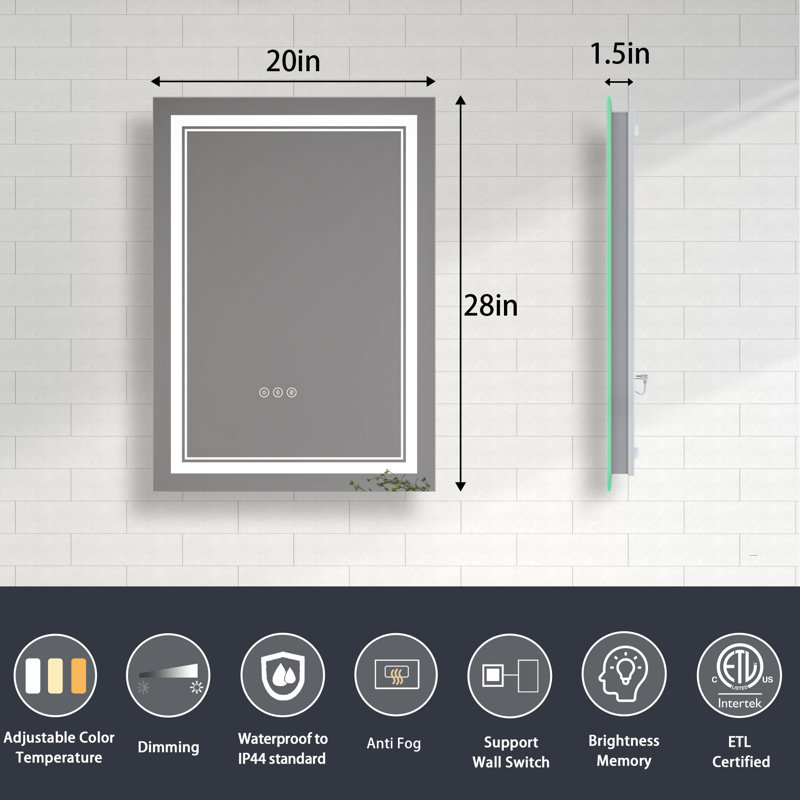 Miroir de salle de bain à DEL à intensité variable avec fonction de désembuage, 28 po x 20 po, Rectangle