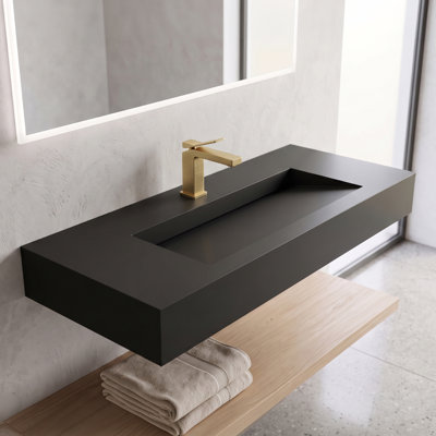 Lavabo de salle de bain mural rectangulaire 48 "avec lavabo rampe Pyramid - noir, avec trou pour robinet