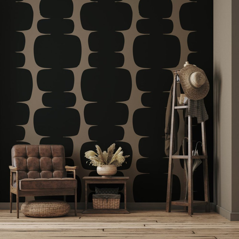 Papier peint géométrique abstrait noir et beige avec motif de blocs organiques empilés, 40" L x 60" W
