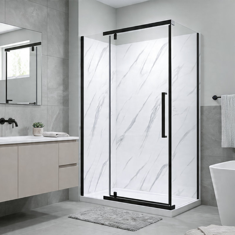 Vienna 48 In. X 32 In. X 78.6 In. Semi-Frameless Rectangular Shower Kit In Black With Wall Panels And Base, Matte Black