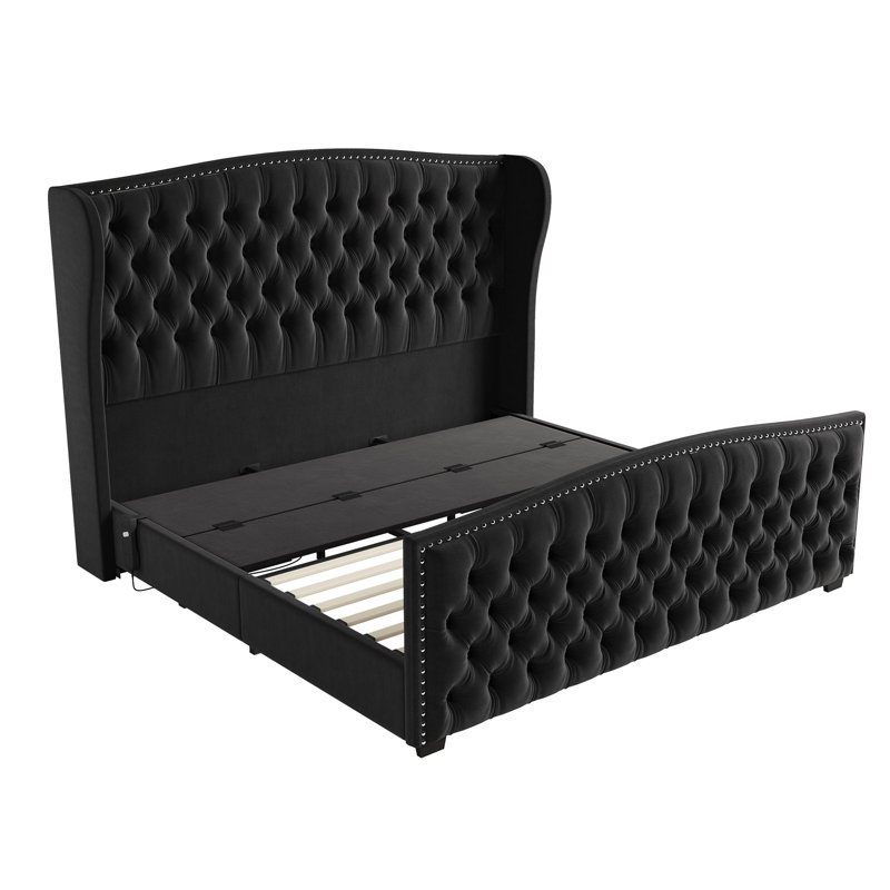 Très grand lit réglable DuJuan H 50,8 po avec garniture cloutée et tête de lit capitonnée, noir, Très grand lit