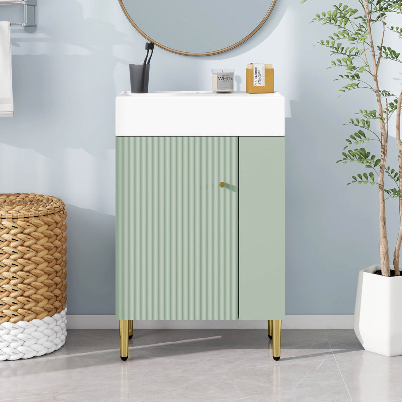 Petit meuble-lavabo 21,6 po avec lavabo en céramique, meuble-lavabo autoportant avec porte à fermeture en douceur, rangement sur le côté droit