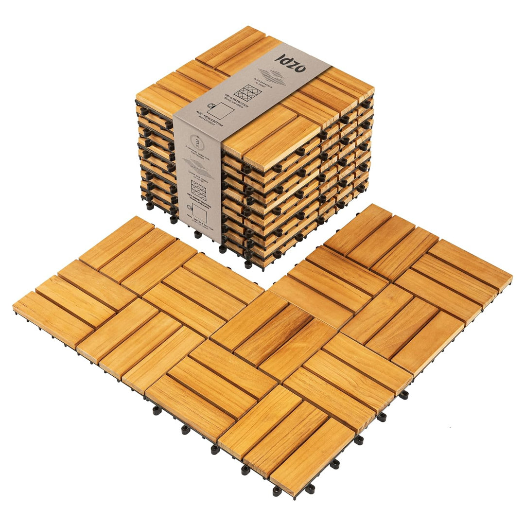 Teak Wood Interlocking Deck Tiles (Pack of 10) - 12 Slats Bme