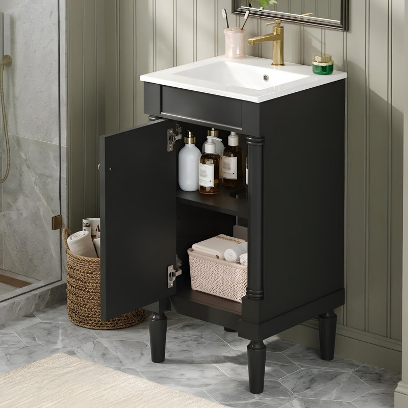 Petit meuble-lavabo avec lavabo en céramique, Noir