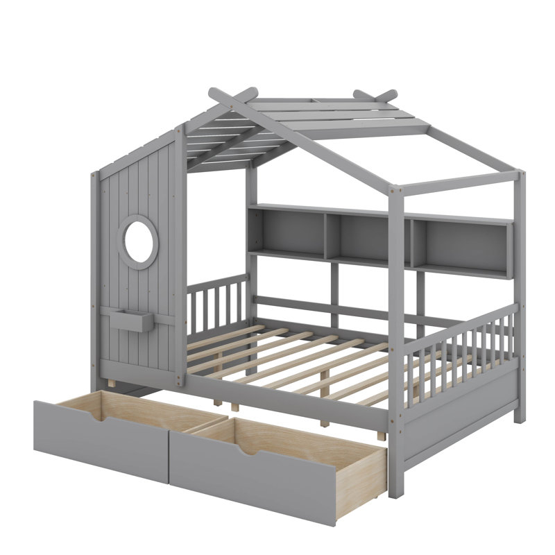 Lit en bois avec tiroirs et tablette de rangement, Gris, Double