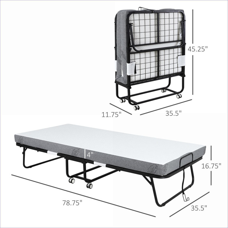 Lit d'invité pliant, pliable pour les invités Petits espaces, matelas de 4 po, structure robuste avec roues verrouillables | Blanc neige | Acier