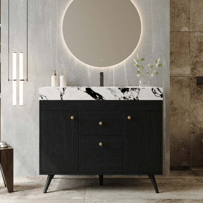 Meuble-lavabo moderne autoportant de 91 cm (36 po) avec comptoir en pierre frittée, lavabo en céramique et rangement astucieux
