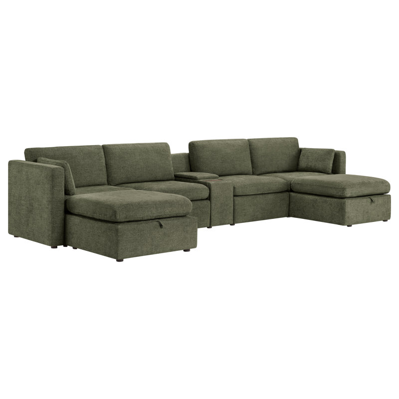 Winfree 6- Piece Upholstered Sectional With Console, Moss Green Polyester