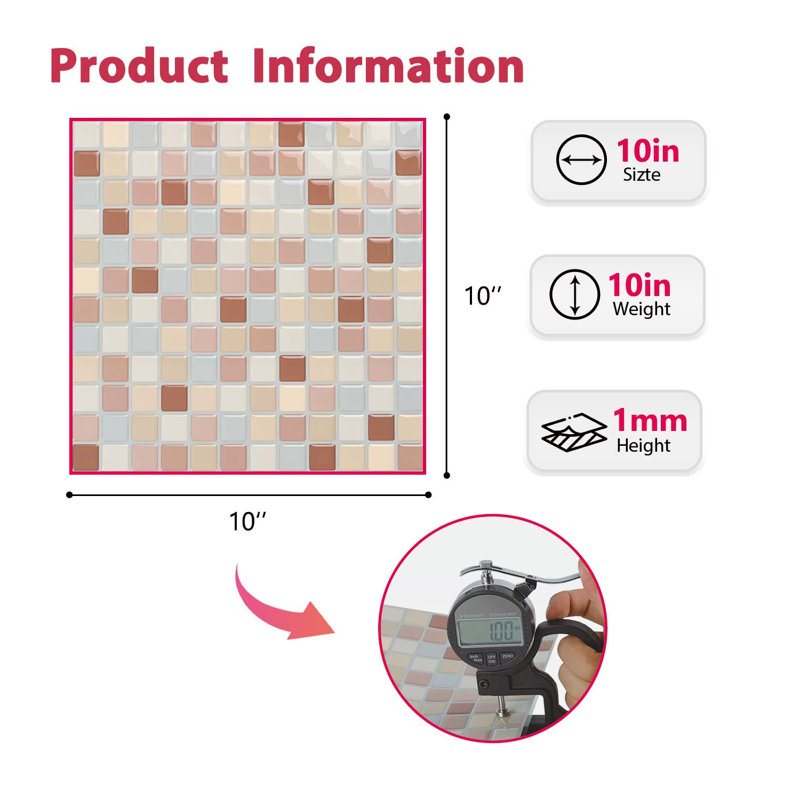 Carreau de mosaïque pelez et collez en PET l 10 po x L 10 po, Rose