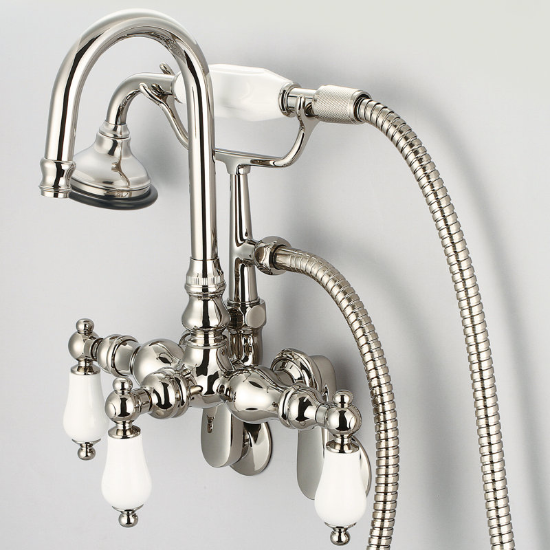Stonington 3 Handle Wall Clawfoot Tub Faucet, Polished Nickel, Porcelain Lever Handles
