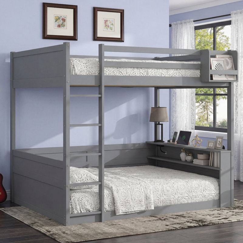 Grand lit superposé en bois avec tablettes intégrées, boîte de rangement, lumière DEL et station de charge USB, gris, Gris