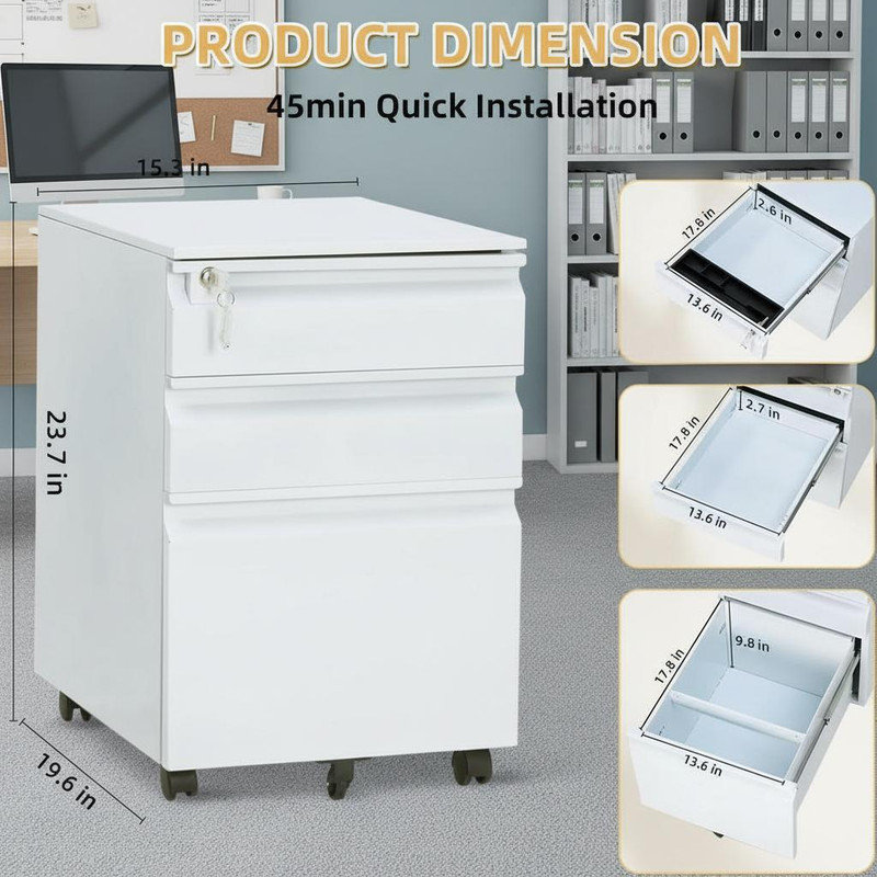 38.9cm Wide 3 -Drawer Steel File Cabinet, White