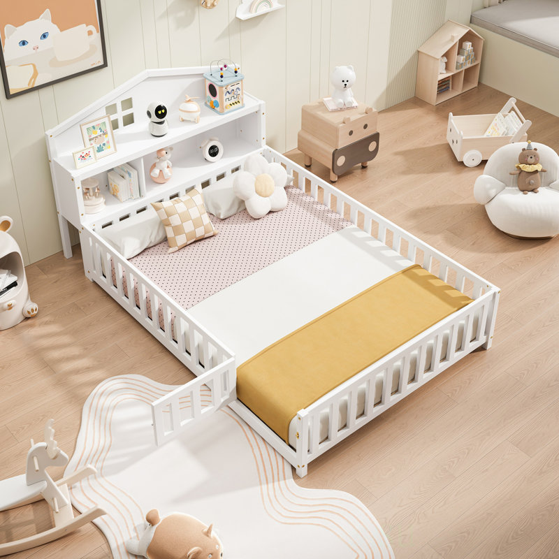 Full-Size Montessori Floor Bed With Bookcases And Blackboards, Versatile Platform Beds With Guard Rails, Solid Wood Storage Headboards For  And Teens