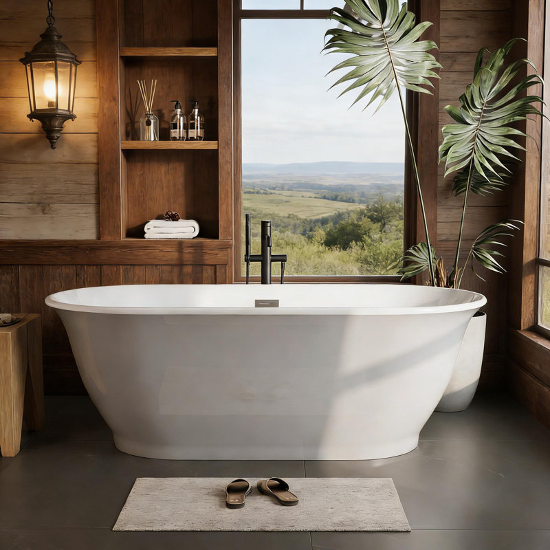 Deep Freestanding Acrylic Bathtub with Chrome Drain, Ergonomic Shape Tub for Bathroom, Ice Gray