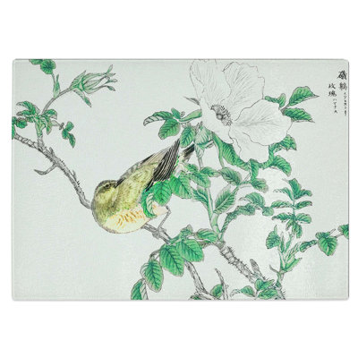Tempered Glass Brown-Eared Bulbul Bird and Wild Rose Chopping Board