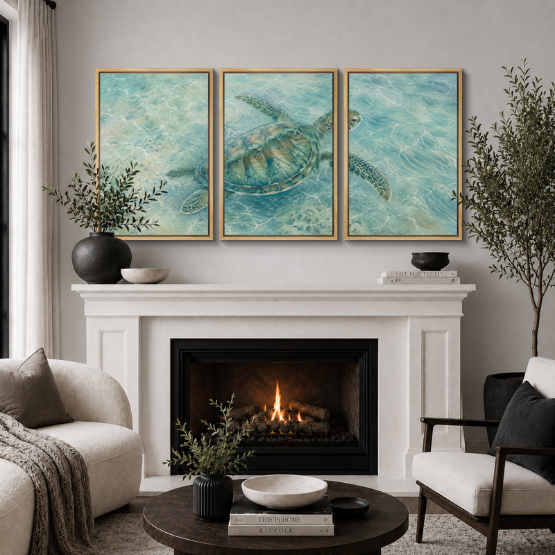 Art de tortue de mer, images de salle de bain, impression sur toile encadrée, 3 pièces, 36" H x 72" W x 1.5" D, Cadre naturel