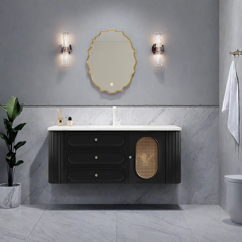 French cream-style rattan bathroom cabinet, 47"