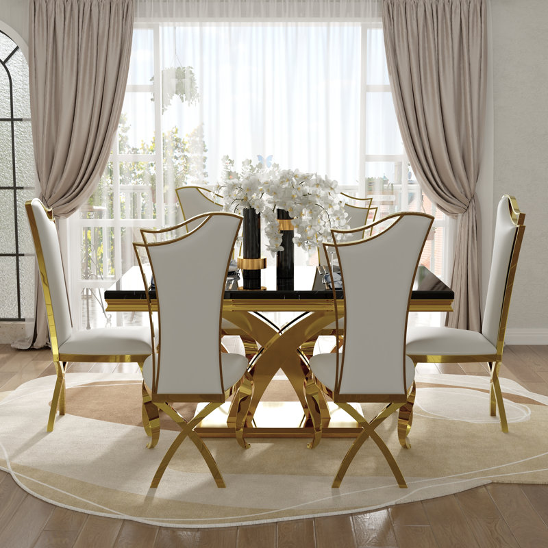 Ensemble de table de salle à manger luxueux en faux marbre et or noir avec 6 chaises en cuir blanches, Noir et or