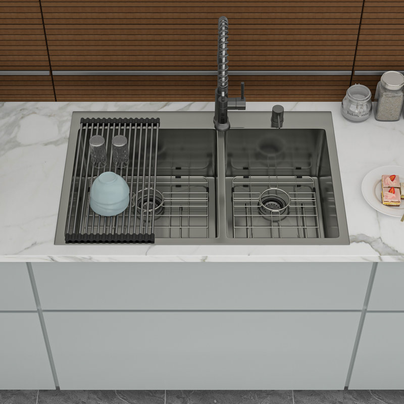Évier de cuisine à double cuve à montage sur plan - Évier de cuisine à double cuve en acier inoxydable noir de calibre 16 avec deux cuves profondes de 33 po x 22 po x 10 po