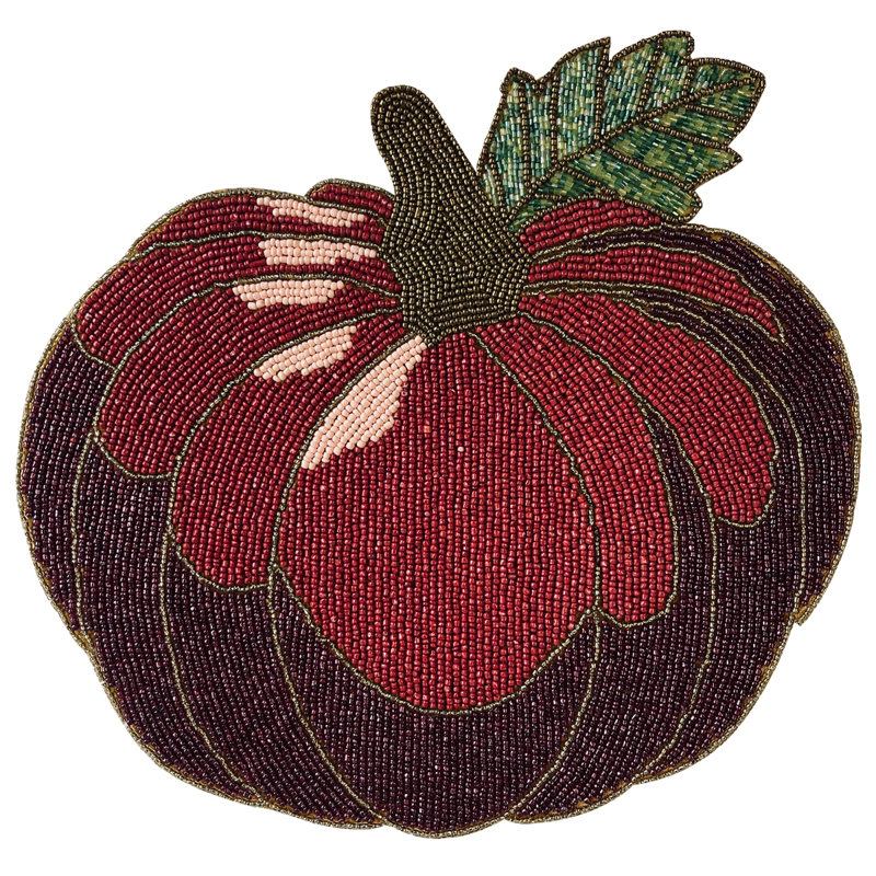 Beaded Handmade Placemats Set with Fall Pumpkin Design for Scratch-Free Holiday Table Decor, Red/Brown
