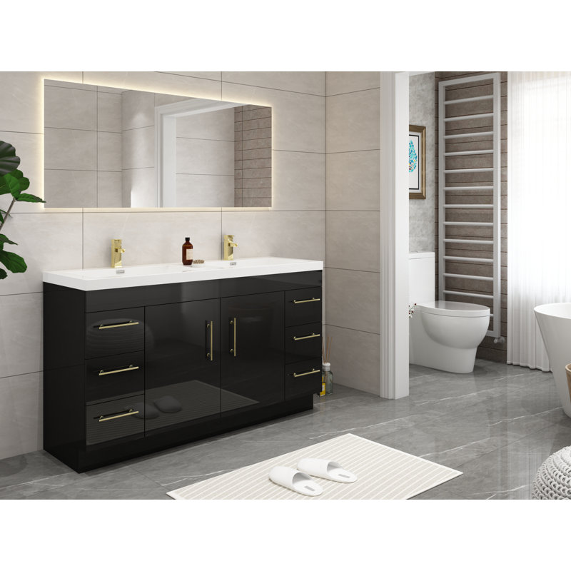 Ensemble de meuble-lavabo double 60 po Carliss, Noir, Or