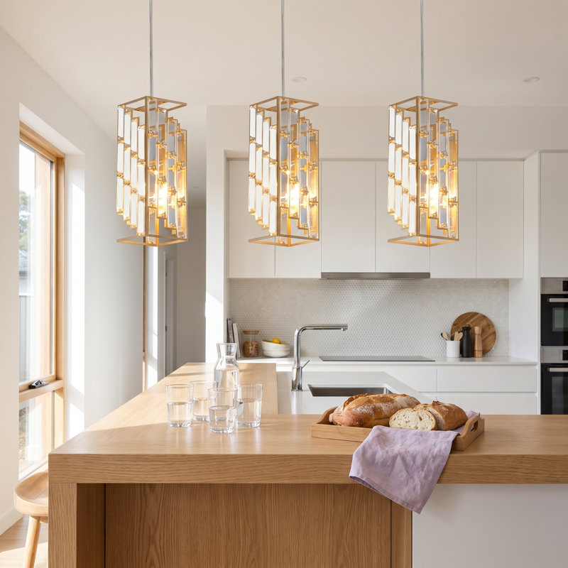  3 Pack 12'' Modern Gold Crystal Pendant Lights, Adjustable Mini Light Fixture for Kitchen Island, Gold