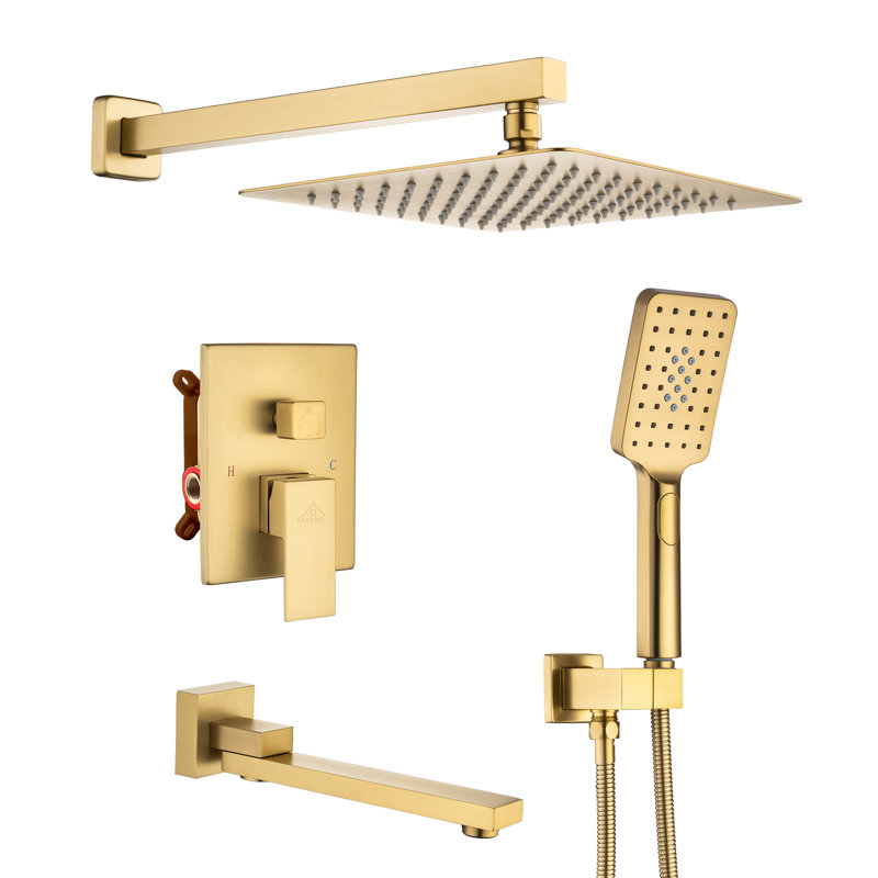 Brushed Gold 10" Square Rainfall Shower System with Handheld