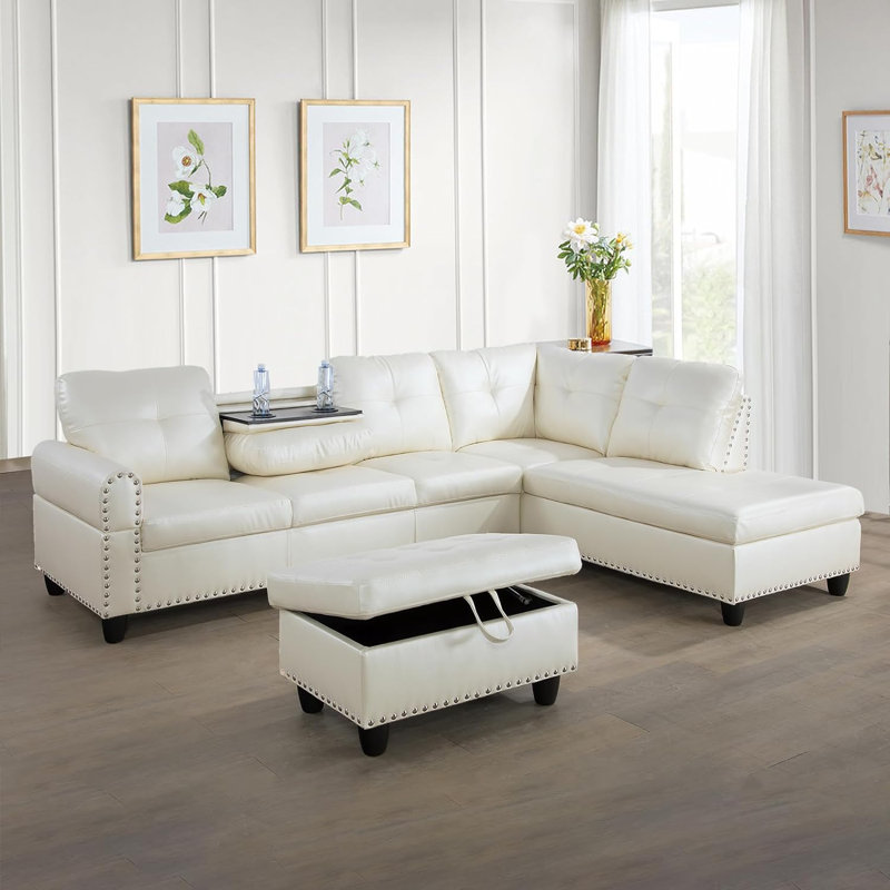 Aamanah 97"Faux Leather Sectional with Ottoman, White Faux Leather, Right Hand Facing
