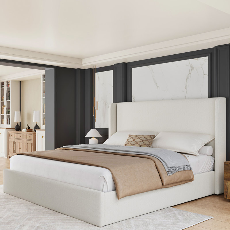 Upholstered Platform Bed With Wingback Headboard, Beige, King