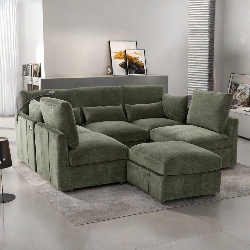 Canapé modulaire moderne avec repose-pieds mobile, 2 ports USB et support pour téléphone, Chenille verte