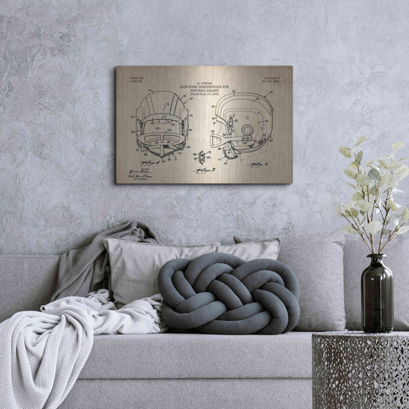«Modern Football Helmet Blueprint Parchment Verni», art mural en métal, H 24 po x l 36 po
