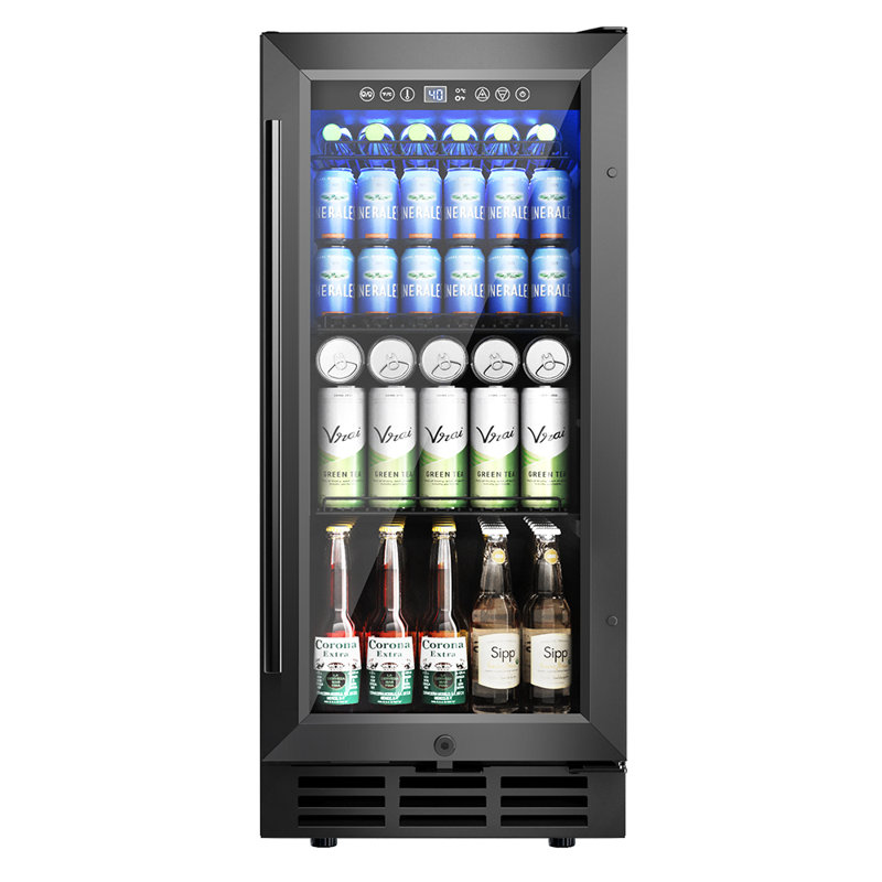 Euhomy 15'' W 3.2 Cu Ft 130 Cans Beverage Refrigerator - Freestanding/Built-In/Under Counter Cooler With Tempered Glass Door & Reversible Handle, Stores Beer, Wine, Drinks