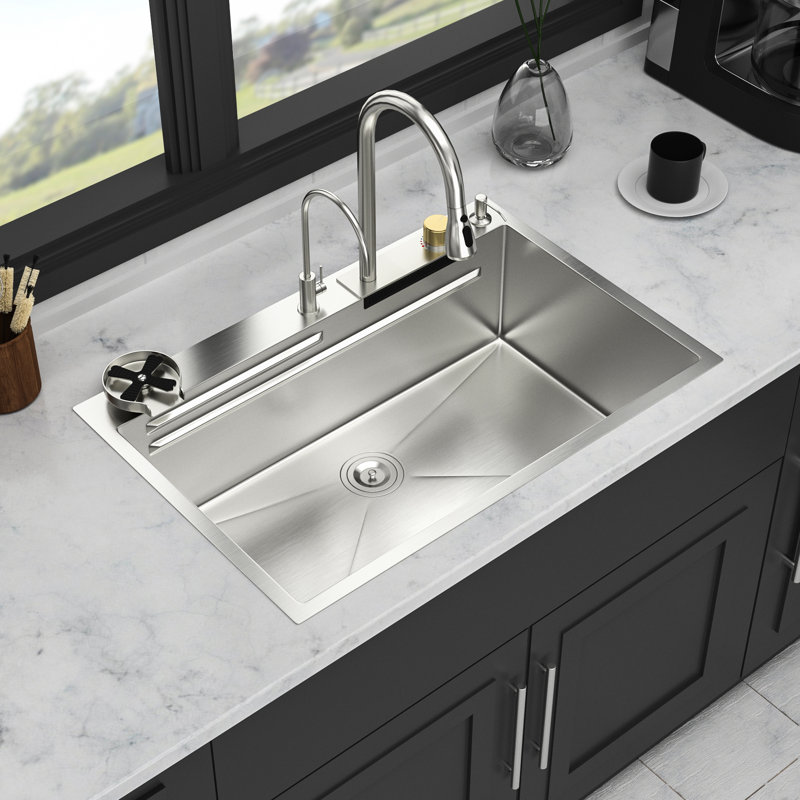 33*22 Inch 16 Gauge Stainless Steel Ledge Workstation Kitchen Sink With Pull-Out Faucet And Cup Washer, T304 For Strength, Waterfall Design 3 Water Modes, X-Shaped Guide Drainage, Double Track Board
