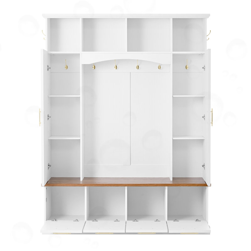 Hall Tree With Hooks And Adjustable Shelves, White