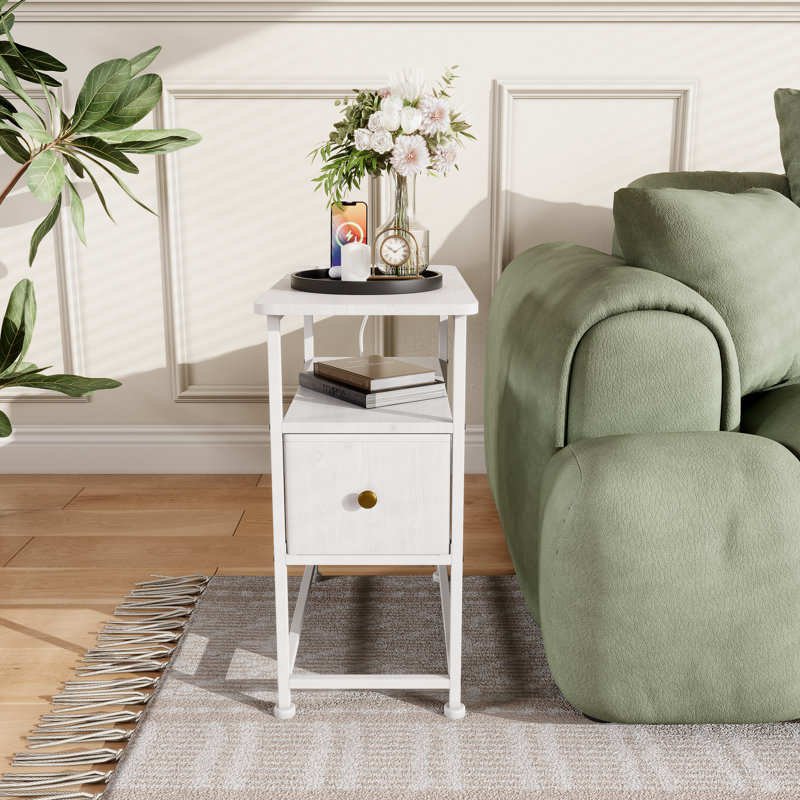4 Legs Side Table with Built-In Outlets, White