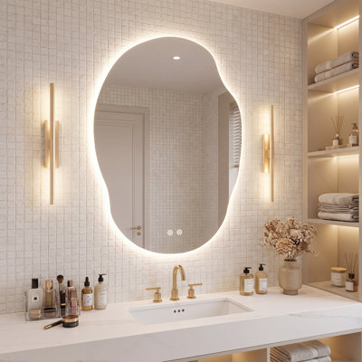 Miroir de salle de bain asymétrique à DEL asymétrique certifié UL / ETL avec rétroéclairage, antibuée, éclairage 3 couleurs, gradation continue, verre trempé, garantie de 3 ans