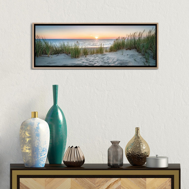 Dune Beach Panorama At Sunset, North Sea Coast, Germany by Jan Becke - Panoramic Print on Canvas, Oak Floater Framed
