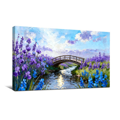 Plantes et fleurs, fleurs mauves, pont, ruisseau, ciel, paysage, art